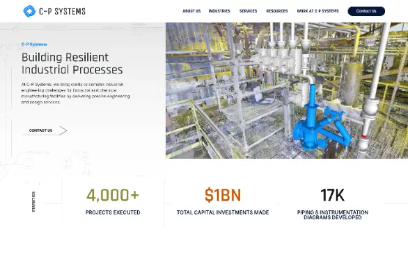 C-P Systems homepage showing industrial process engineering services, facility photography, and project statistics