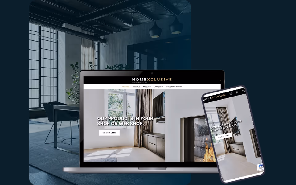 Home Exclusive website presented on desktop and mobile, showing the multilingual home-decor storefront and partner login journey