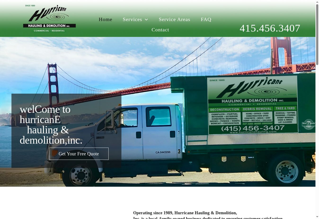 Hurricane Hauling homepage with company navigation, Golden Gate Bridge imagery, and its hauling truck
