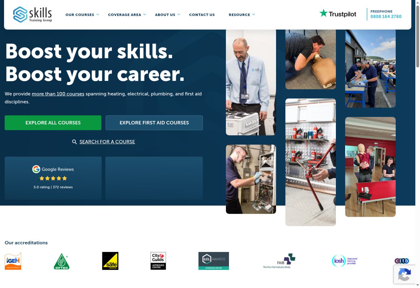 Skills Training Group homepage with course navigation, career-focused headline, and practical training photography