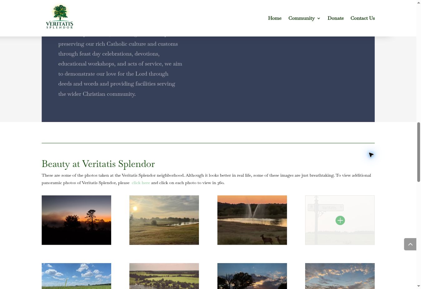 Veritatis Splendor homepage showing the organization logo, navigation, mission content, and community photography